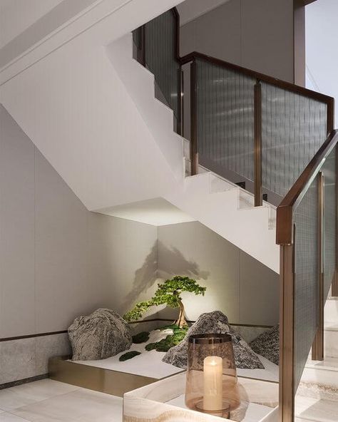 Under Stair Design, Jardin Zen Interior, Indoor Japanese Garden, Stair Design Ideas, Indoor Zen Garden, تحت الدرج, Under Stair, Zen Interiors, Stair Design