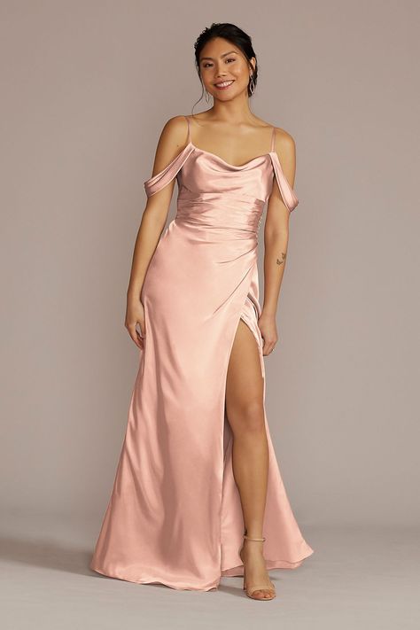 Bridesmaid Dresses - Galina Signature Charmeuse Cowl Bridesmaid Dress with Swag Sleeves Style # GS290112 – View Image 1 Charmeuse Bridesmaid Dress, Bridesmaid Dresses Gowns, Coral Bridesmaid Dresses, Davids Bridal Bridesmaid Dresses, Stunning Bridesmaid Dresses, Bridesmaid Dresses With Sleeves, Cowl Dress, Bridesmaid Dressing Gowns, Maid Of Honour Dresses