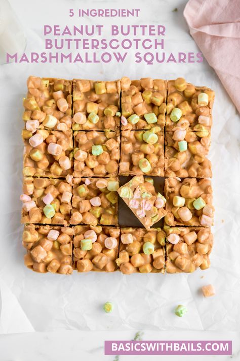 Peanut butter confetti squares are an easy colorful dessert with fruity marshmallows, peanut butter, and butterscotch chips to make the perfect marshmallow fudge dessert. #peanutbutterbars #dessertbars #marshmallow #minimarshmallows #peanutbutter #dessert #nobakedessert #dinnerthendessert Marshmellow Squares Peanut Butter, Marshmallow Peanut Butter Squares, Peanut Butter Butterscotch Marshmallow, Butterscotch Marshmallow Squares, Butterscotch Marshmallow, Peanut Butter Marshmallow Bars, Butterscotch Peanut Butter, Confetti Squares, Peanut Butter Marshmallow Squares