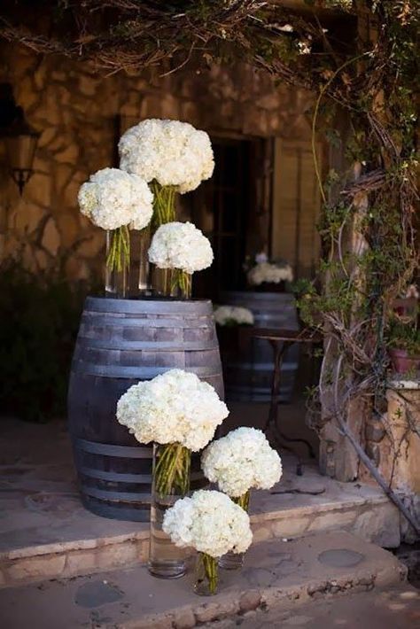 Wedding Flowers: Hydrangeas | Woman Getting Married Vintage Inspired Wedding, Mod Wedding, White Hydrangea, Deco Floral, Wine Barrel, Winery Weddings, Vineyard Wedding, Lorde, Here Comes The Bride