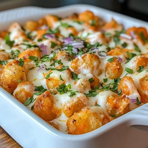 Buffalo Chicken Tater Tot Casserole: The Ultimate Comfort Dish! Buffalo Tater Tot Casserole, Buffalo Chicken Tots, Buffalo Chicken Tater Tot Casserole, Cauliflower Tater Tots, Ranch Dressing Chicken, Chicken Tater Tot Casserole, Sweet Potato Tots, Shredded Buffalo Chicken, Cowboy Casserole