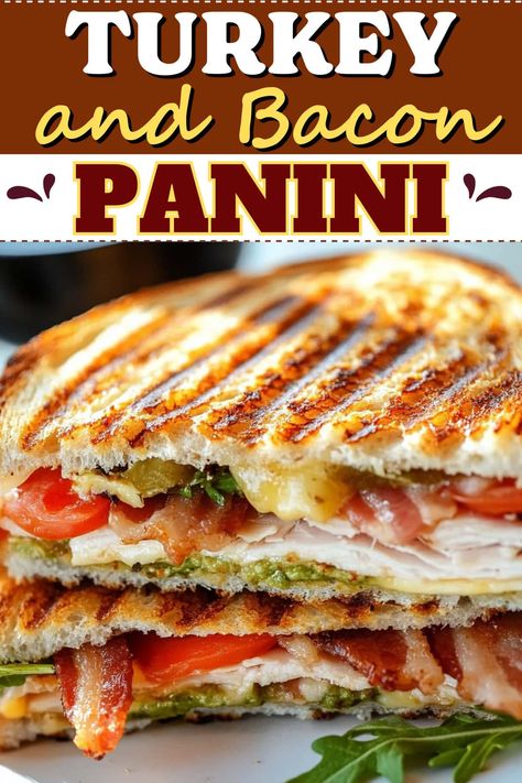 This turkey and bacon panini will be your new go-to lunch! With deli turkey, crispy bacon, smoky Gruyere, tomatoes, and guacamole, it's tough to resist. Leftover Turkey Panini, Turkey Bacon Panini Recipes, Panini Dinner Ideas, Panini Recipes Turkey, Best Turkey Wraps For Lunch, Panini Sandwiches Turkey, Hot Turkey And Cheese Sandwich, Easy Turkey Sandwiches, Turkey And Bacon Sandwich