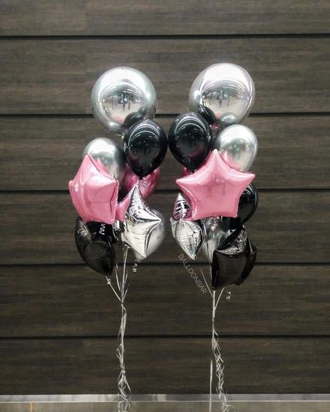 Black Pink Silver Party Decorations, Pink Black And Silver Party Decor, 2000s Birthday Party Theme, 18th Party Ideas, Silver Party Decorations, Birthday Balloons Pictures, 18th Birthday Party Themes, 18th Birthday Decorations, 17th Birthday Ideas