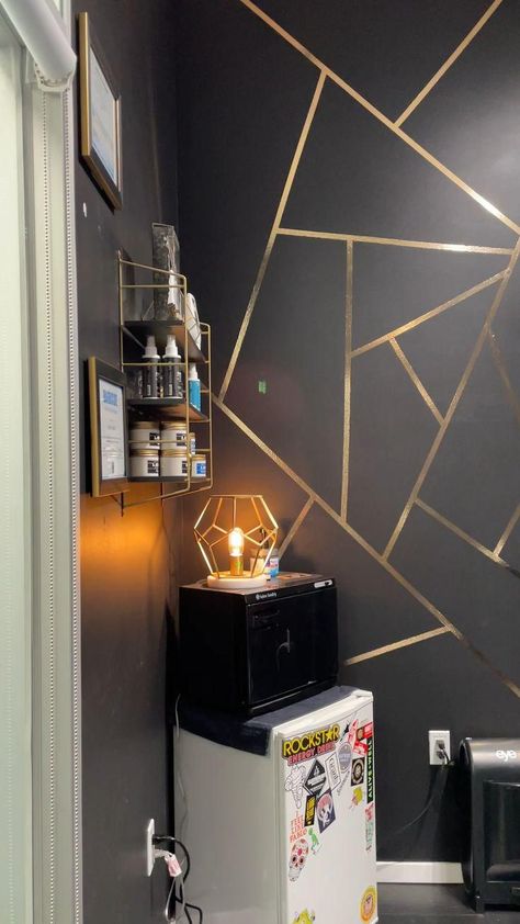 Private Salon Suite, Salon Suites Ideas, Barbershop Decor, Barbershop Design Interior, Gold Accent Wall, Private Salon, Brick Wall Decor, Barber Shop Interior, Home Beauty Salon