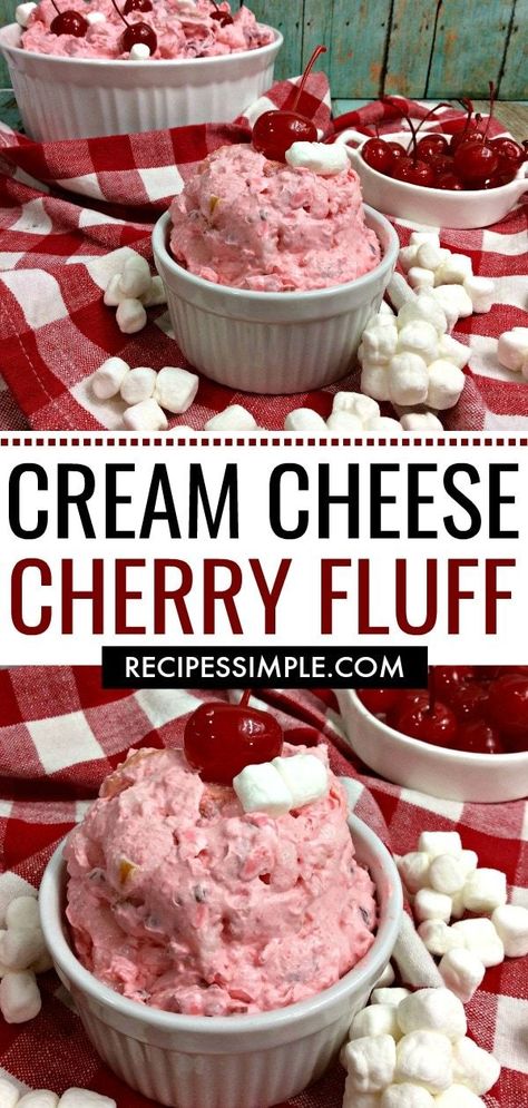 Cherry Fluff Dessert, Fluff Dessert Recipes, Cream Cheese Fruit Salad, Cream Cheese Fluff, Cherry Jello Recipes, Deserts With Cream Cheese, Cherry Fluff, Cherry Cream Cheese, Cherry Recipes Dessert