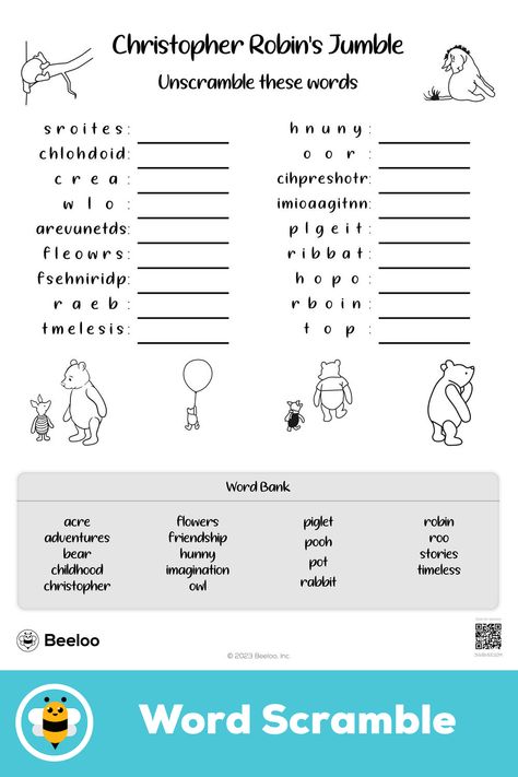 Advanced winnie-the-pooh-themed word scramble for kids ages 8 and up Word Scramble For Kids, Jumbled Words, Crafts And Activities For Kids, Word Scramble, Christopher Robin, Word Bank, Printable Crafts, Pooh Bear, Printable Activities