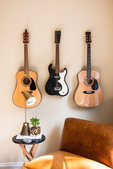 Ways To Hang Guitars On Wall, Guitars Hanging On Wall, How To Hang Guitars On The Wall, Music Corner Ideas, Hanging Guitars On Wall Ideas, Hang Guitar On Wall, Guitars On Wall, Guitar On Wall, Guitar Wall Display