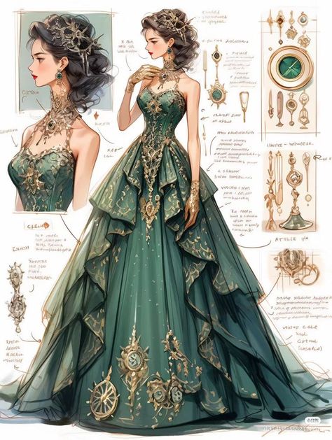 Green Gowns, Dreamy Gowns, Dress Design Drawing, Chique Outfits, Fantasy Dresses, Fashion Drawing Dresses, Dress Design Sketches, Fashion Illustration Dresses, Dress Sketches