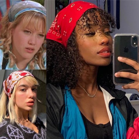 90s Bandana Outfit, 90s Bandana Hairstyles, Bandana Hairstyles Curly Hair, 90s Bandana, Random Hairstyles, 2000s Hairstyles, 90’s Hairstyles, Hair Bandana, Body References