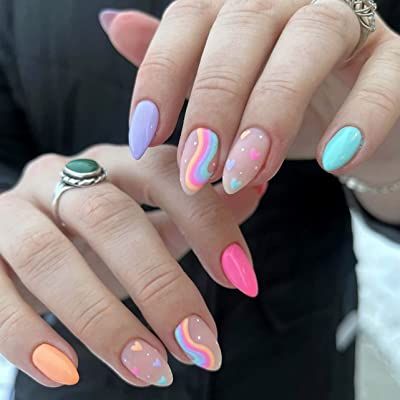 #summernails #funnails #uniquenails #nailkit Oval Acrylic Nails, Tape Stickers, Long Press On Nails, Manicure Diy, Almond Shape, Nails French, Acrylic Nail Art, Stick On Nails, Nail Glue