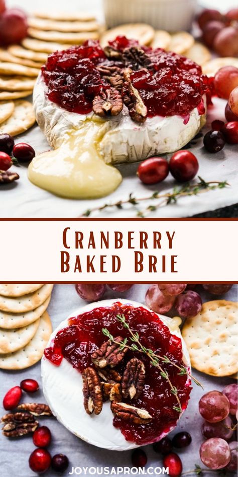 Baked Brie with Cranberry Sauce - oven baked brie is topped with pecans and homemade cranberry sauce. Perfect Christmas holiday appetizer or for new year eves parties. Ready under 20 minutes, this is festive, easy and so delicious! Cranberry Brie Cheese Recipes, Baked Brie Recipes Cranberry, What To Serve With Brie Cheese, Serving Brie Cheese, Christmas Brie Cheese, Brie Cheese Recipes Cranberries, Cooked Brie Cheese, Christmas Brie Wreath, Christmas Brie Appetizers