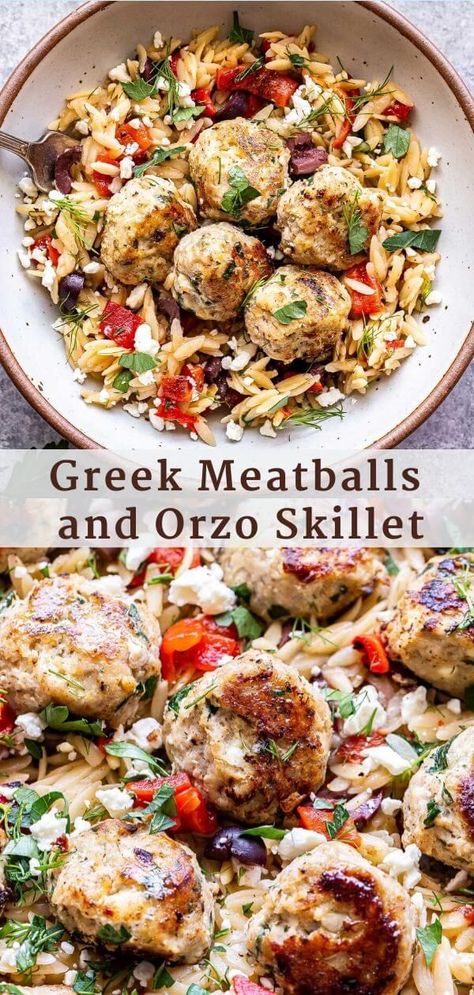 Easy Delicious Weeknight Dinners, Ground Turkey Beef Recipes, Meatballs Meals Dinners, Turkey Feta Meatballs With Orzo, Kept Dinner Ideas, Greek Meatballs And Orzo Skillet, Healthy Weeknight Meals Families, Meatball Dinners Healthy, Healthy Dinner With Meatballs