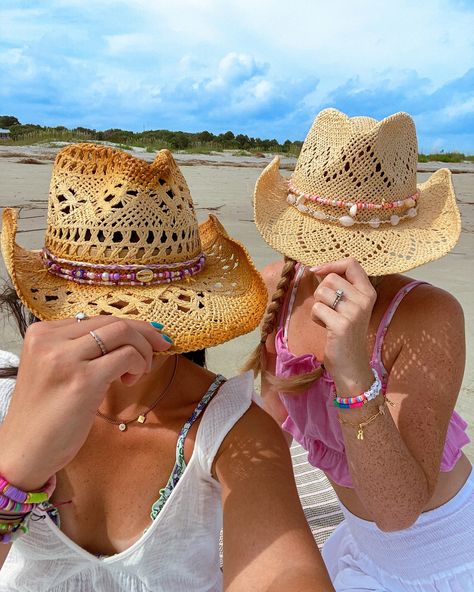 summertime favorites 🌸☀️🌴🤠🍉🥥🌊 Cowboy Hat Beads Diy, Diy Costal Cowgirl Hat, Decorating Cowgirl Hats, Coastal Cowgirl Hat Diy, Costal Cowboy Hat, Coastal Cowgirl Hats, Coastal Cowgirl Hat Beads, Camp Crush, Cute Cowgirl Hat