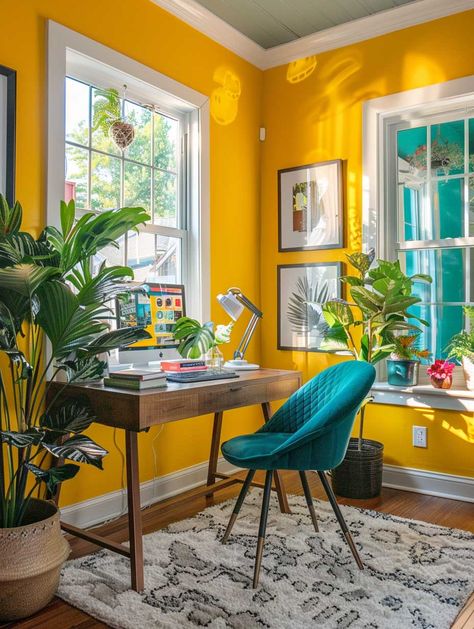 Explore Creative Home Interior Paint Ideas for Every Room • 333+ Art Images Home Office Yellow Walls, Primary Colors Interior Design, Primary Colours Interior Design, Primary Color Interior Design, Funky Office Decor, Office Interior Design Orange, Home Interior Paint Ideas, Yellow Craft Room, Yellow Home Office