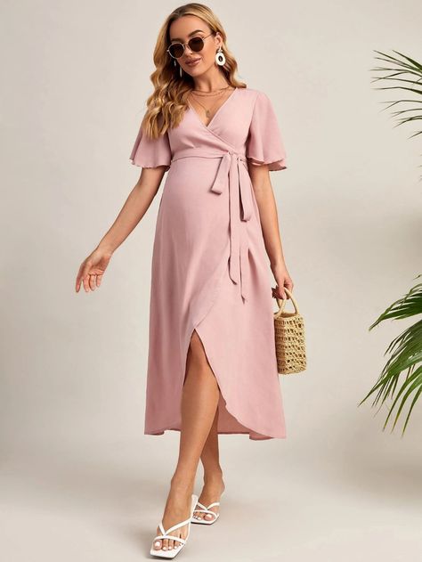 SHEIN Maternity Flutter Sleeve Belted Wrap Dress | SHEIN Maternity Casual Dresses, Pregnant Party Outfit, Maternity Party Wear, Classy Maternity Outfits, Short Maternity Dress, Long Maternity Dress, Vestidos Para Baby Shower, Maternity Wear Dresses, Maternity Dresses Casual