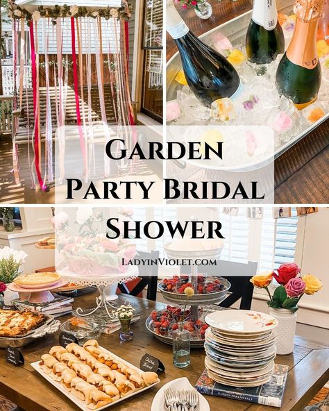 garden party bridal shower theme | shower decorations | Lady in Violet Blog Brunch Themed Bridal Shower Ideas Food, Bridal Shower Ideas Garden Party, Wedding Shower Garden Party, Garden Theme Bridal Shower Ideas Centerpieces, Garden Party Bridal Shower Food, Garden Shower Theme, Garden Wedding Shower Theme, Garden Wedding Shower Ideas, Bridal Shower Garden Party Theme