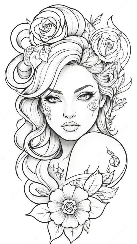 Coloring Book Art Beautiful, Traceable Drawings Free Printable, Tattoo Coloring Pages For Adults, Traceable Drawings, Tattoo Drawings Sketches, Tattoo Coloring Pages, Face Coloring Pages, Face Coloring, Catrina Tattoo