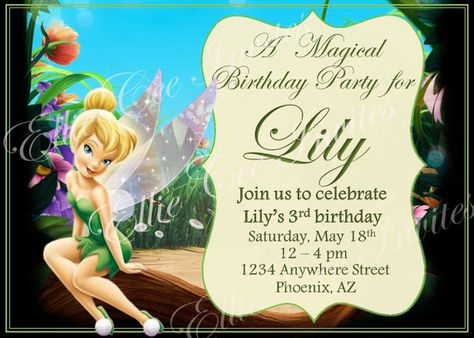 Tinkerbell Invitation by EllieCeeInvites on Etsy, $8.50 Tinkerbell Invitations, Tinkerbell Birthday, Party Location, Birthday Invitation Card, Tinkerbell Party, Birthday Text, 2nd Birthday Invitations, Photo Birthday Invitations, Girl Baby Shower Decorations