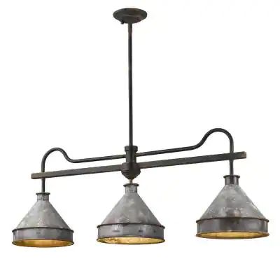 Jasper 3-Light Antique Black Iron Pendant with Galvanized Steel Shade Linear Kitchen Island Lighting, Kitchen Island Linear Pendant, Rural Living, Iron Pendant, Olden Days, Golden Lighting, Vintage Flare, Linear Pendant, Linear Chandelier