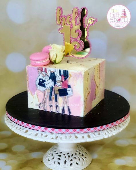 Fashion brand cake , 13th birthday cake, girls biirthday cake, square buttercream cake, watercolour effect cake Cakes 13th Birthday, 13th Birthday Cake Girl, Cake 13th Birthday, Square Buttercream Cake, Brand Cake, 13th Birthday Cake, Hello Gift, 13 Birthday Cake, Watercolour Effect