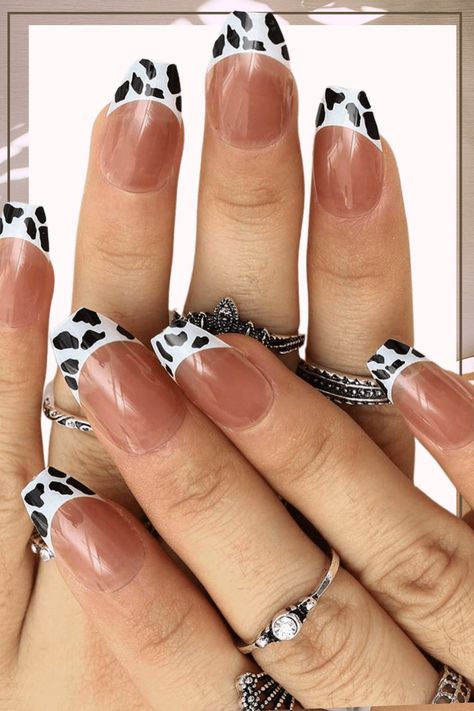 Glossy Leopard Cow Print Almond French Tip Press On Nails - TGC Boutique - Press On Nails Stagecoach Nails, Starter Nails, Cute Cow Print Nails, Punchy Nails, Almond French Tip Nails, Western Nail Art, Almond French Tip, Country Acrylic Nails, Cute Cow Print