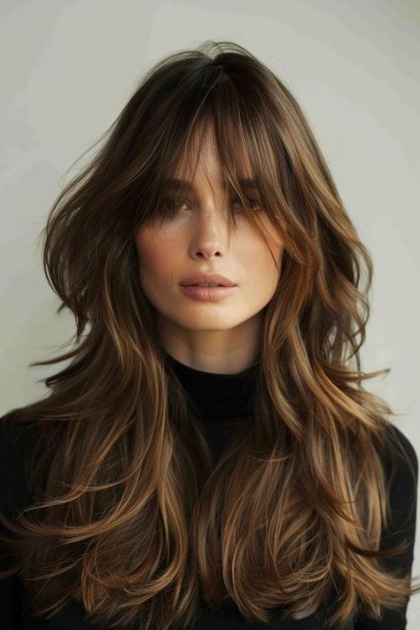 Shag Haircut Big Forehead, Long Hair Cuts 2024 Trends, Long Hair Long Bangs, Layered Hair With Bangs, Long Layered Haircuts, Long Hair With Bangs, Messy Hair, Long Layered Hair, Haircuts For Long Hair