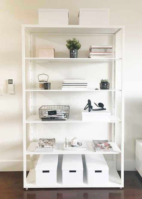 Home decor Ikea Fjalkinge Flysta Shelf, Shelving Office, Home Decor Ikea, Office Inspiration Workspaces, White Shelving, Ikea Book, Home Ikea, Ikea Wardrobe, Glass Cabinets