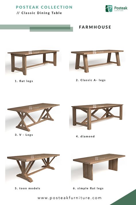 Farmhouse dining table collection, made from solid wood. Wide-range models which suitable for indoor or even outdoor space. Discover more at posteakfurniture.com #diningroom #diningtable #table #tablecollection #furniture#solidwood #teakwood #indonesiafurniture #indoorfurniture #outdoorfurniture #modernfurniture #furniturespecialist Outdoor Table Legs, Outdoor Wooden Tables Rustic, X Base Dining Table, Wood Outdoor Dining Table, Wood Table Chairs, Wood Table Outside, Dining Tables Wood, Simple Wood Table, Farmhouse Outdoor Table