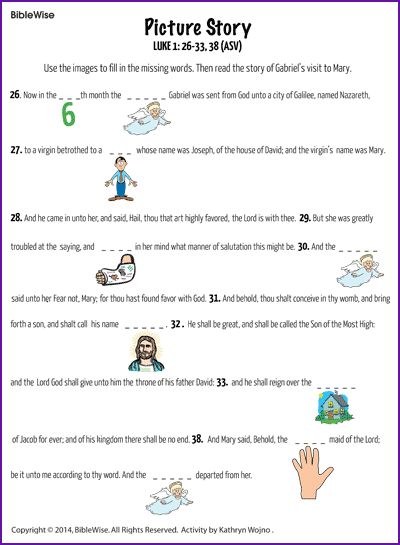 Picture Story (Angel Gabriel Visits Mary) - Kids Korner - BibleWise Annunciation Of Mary For Kids, Gabriel Visits Mary Craft For Kids, Gabriel Visits Mary, Preschool Advent, Biblical Crafts, Mass Worksheet, Lent Activities, Bible Christmas, Parts Of The Mass