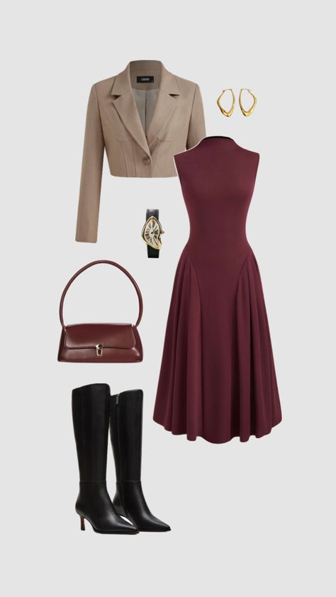 How To Style Burgundy Dress, Maroon Dress Outfit Casual, Wine Dress Outfit, Maroon Outfit Ideas, Dress With Outer, Outfit Maroon, Burgundy Dress Outfit, Ladies Kurti Design, Aesthetic Boyfriend