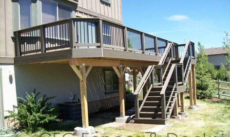 Second Floor Deck Trex Decking Story - House Plans | #30323 Upper Deck Ideas, 2nd Floor Deck Ideas, Second Level Deck, Two Story Deck, 2nd Floor Deck, Split Level Homes, Deck With Stairs, 2nd Story Deck, 1930s Home