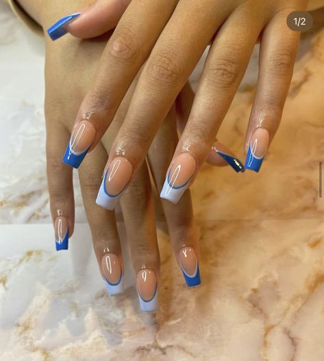 White French Tip With Blue Line, Blue Acrylic Nails Simple, French Tip Acrylic Nails Chrome, Blue French Nails Tips, French Tip Acrylic Nails Blue, Nail Inspo Vacation, Acrylic Nails Simple, Acrylic Nails Blue, Acrylic Nails Chrome