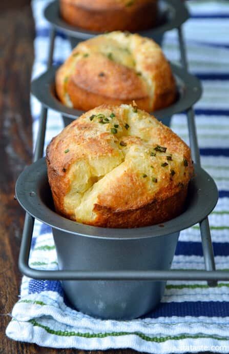 Gruyere Chive Popovers Popover Bread, Herb Popovers, Popover Recipes, Popovers Recipes, Breakfast Polenta, Pop Overs, Popover Recipe, Bread Alternatives, Yorkshire Pudding