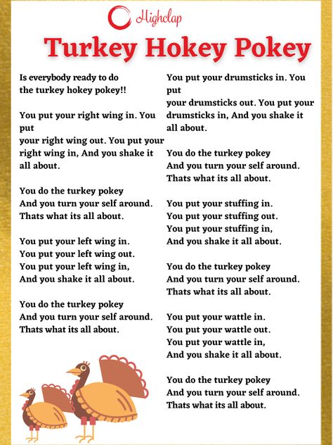 Turkey Hokey Pokey Lyrics– Thanksgiving | HighClap Turkey Pokey Song, Thanksgiving Nursery Rhymes, Preschool Thanksgiving Songs And Poems, Thanksgiving Songs For Kindergarten, Turkey Circle Time Activities, Turkey Rhymes Preschool, November Songs For Toddlers, Turkey Songs For Preschoolers, Thanksgiving Songs Preschool