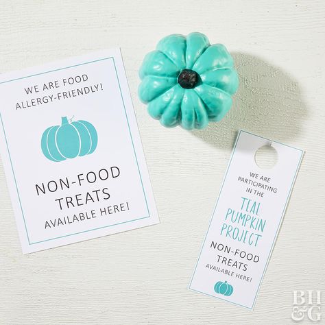 The Teal Pumpkin Project makes Halloween inclusive for kids with food allergies. This year, consider offering Halloween treats that aren't food. Let trick-or-treaters know your home is food-allergy friendly by displaying our free printable sign and door hanger. #tealpumpkin #halloween #trickortreat #foodallergies Teal Pumpkin Project Signs, Allergy Friendly Halloween Treats, Halloween Candy Alternatives, Allergy Friendly Halloween, Pumpkin Stencils Free, Teal Pumpkin Project, Cute Halloween Treats, Holiday Decorating Ideas, Candy Alternatives