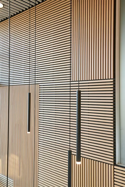 Close-up of Gustafs Linear Rib System installation possibilities. Tv Accent Wall Ideas Mounted Tv, Vertical Slats Wall, Wooden Walls Living Room, Wooden Panel Wall, Wall Design Home, Wooden Wall Cladding, Timber Feature Wall, Timber Wall Panels, Wall Decorating Ideas