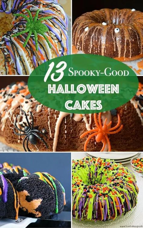 Best Halloween Cake Recipes {13 Spooky-Good Party Cake Recipes} If you’re looking to bring sweet spooky-good smiles to your Halloween party, try 13 of the best Halloween cake recipes: bundt, layer & sheet cakes!  #cake #Halloween #dessert Halloween Cake Walk Cakes Ideas, Halloween Bundt Cake Ideas, Halloween Sheet Cakes, Cake Recipes Bundt, Halloween Bundt Cake, Halloween Food Mummy, Halloween Cakes Diy, Halloween Cakes Easy, Halloween Cake Recipes