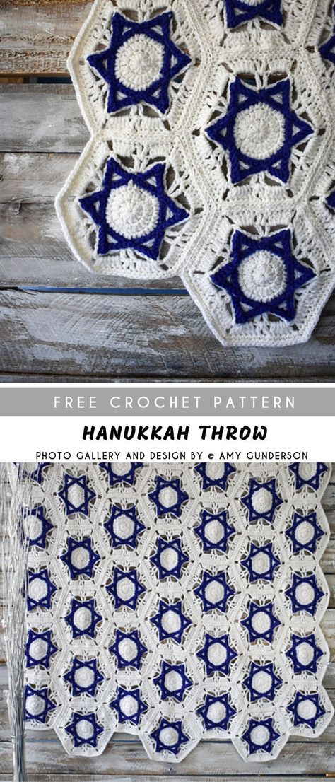 Hanukkah Crochet Throw with Free Pattern #crochetpatternsfree  #crochetblanket #throw #afghan Crochet Star Of David Pattern, Crochet Star Of David Free Pattern, Menorah Crochet Pattern, Jewish Sewing Projects, Jewish Crochet Patterns Free, Crochet Hannukah Decorations, Hanukkah Crochet Patterns, Star Of David Crochet Pattern, Crochet Star Of David