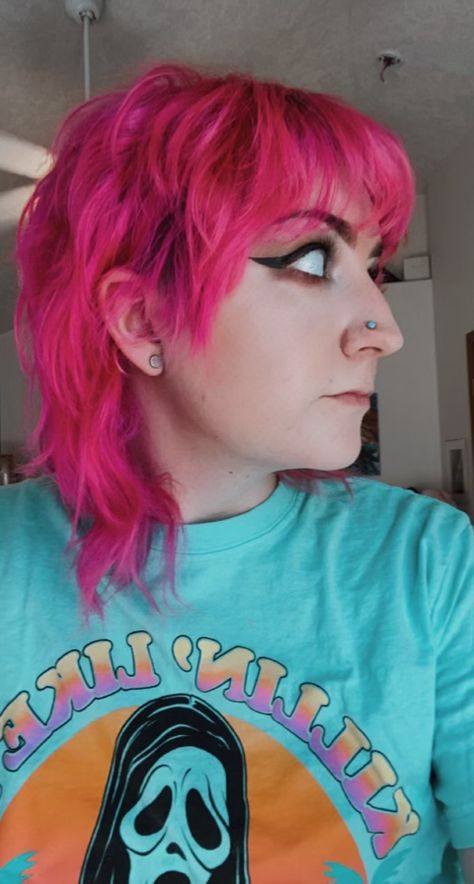 Hot Pink Mullet, Pink Mullet, Bright Pink Hair, Pink Bob, Wolf Cut Hair, Hair Idea, Wolf Cut, Cut Hair, Pink Hair