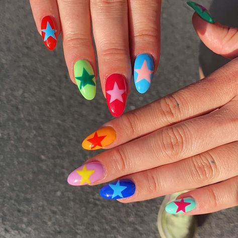 vibrant summer holiday nails Fun Nail Patterns, Bright Colourful Nails, Random Nail Art, Bright Colour Nail Designs, Star Nails Colorful, Colourful Christmas Nails, Colourful Nails For Summer, Funky Nail Designs Fun, Colourful Nails Designs