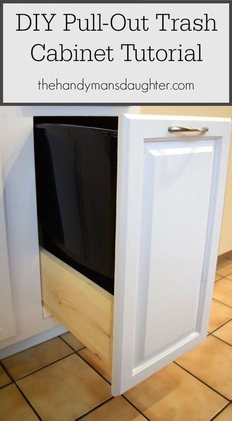 DIY+Pull-Out+Trash+Cabinet+Tutorial. I'd like this at the end of my existing cupboard where my trash cans already are. It wouldn't take up any extra space. Trash Cabinet, Pull Out Trash Cans, Trash Can Cabinet, Diy Kitchen Renovation, Cabinets Diy, Diy Kitchen Storage, Kitchen Trash Cans, Diy Kitchen Cabinets, Diy Renovation