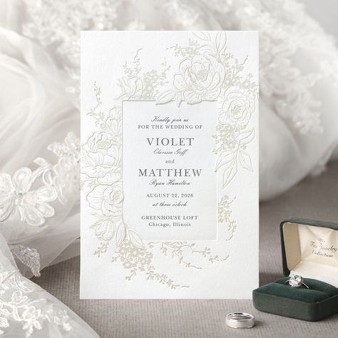 Set the stage for an enchanting wedding with an invitation that's pure magic! 🤍 Delicate peonies are embossed with shimmering pearl foil, the blossoms gracefully extend into the debossed panel & provide a lovely presentation of your important wedding details. 💌 Featured: Adorning Floral from the 2024 Classic Wedding Collection #carlsoncraft #floralweddinginvitation #weddinginvitations #peonyinvitation #2024weddings #2025weddings Embossed Wedding Invitations, Enchanting Wedding, 2025 Wedding, Wedding Collection, Classic Wedding, Fine Jewelry Collection, Floral Wedding Invitations, The Stage, Wedding Card