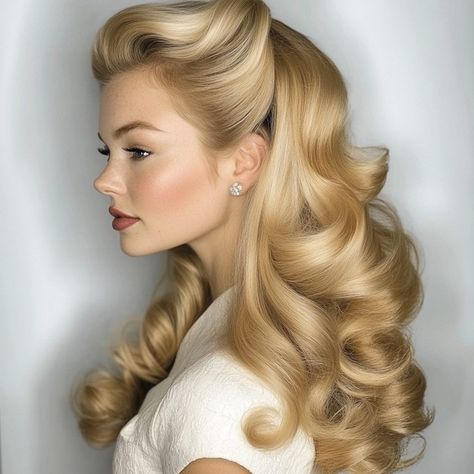 40 Pin Up Hairstyles for Vintage Enthusiasts - My Blog Retro Hairstyles Wedding, 1950 Hairstyles Women, 1950 Hair Styles For Long Hair, 1920s Bridesmaid Hair, Vintage Bride Look, Pin Curls Hair, 40s Blonde Hair, 1940s Hairstyles With Hats, Vintage Princess Hairstyles