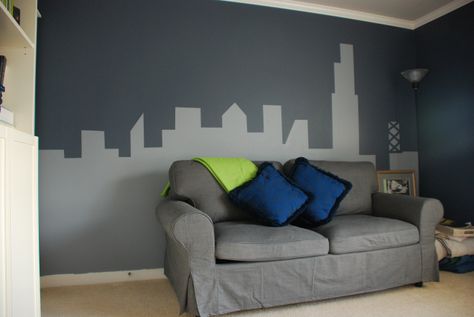 Cityscape Wall Mural Room Of Requirement, Boy Room Paint, Geometric Wall Paint, Grey Sofas, Modern Grey Sofa, Monochrome Painting, Room Supplies, City Scape, Abstract City