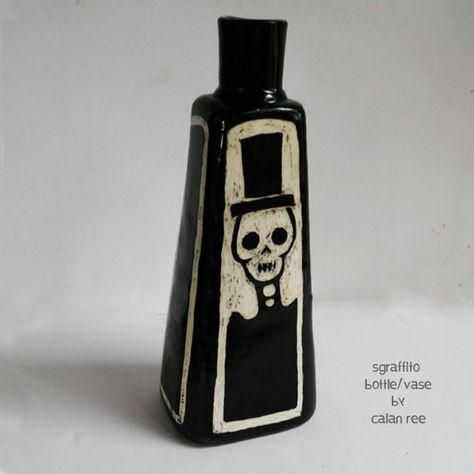 Ceramic Sgraffito Ideas, Dark Ceramics, Pottery Sgraffito, Gothic Ceramics, Ceramic Skeleton, Black Clay Ceramics, Punk Ceramics, Goth Pottery, Goth Ceramic Art