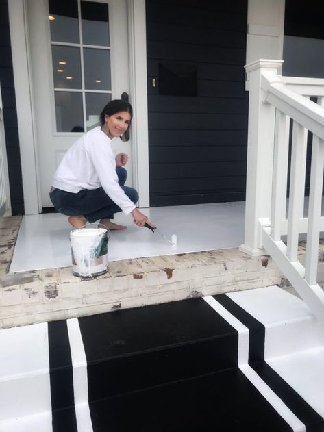 Painted Concrete: Behr anti-slip vs. low lustre - Berry Berry Quite Contrary Cement Porch, Painted Porch Floors, Painted Porch, Paint Concrete Patio, Porch Paint, Front Porch Makeover, Painted Concrete, Painted Front Porches, Porch Colors