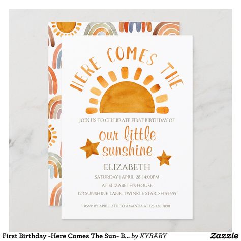 Sun Gender Reveal, One Year Old Birthday Invitations, Here Comes The Sun 1st Birthday, Here Comes The Sun First Birthday, Here Comes The Sun Birthday Party, Here Comes The Sun Baby Shower Theme, Sonshine First Birthday Boy, Sun Invitations, You Are My Sunshine Birthday Invitations