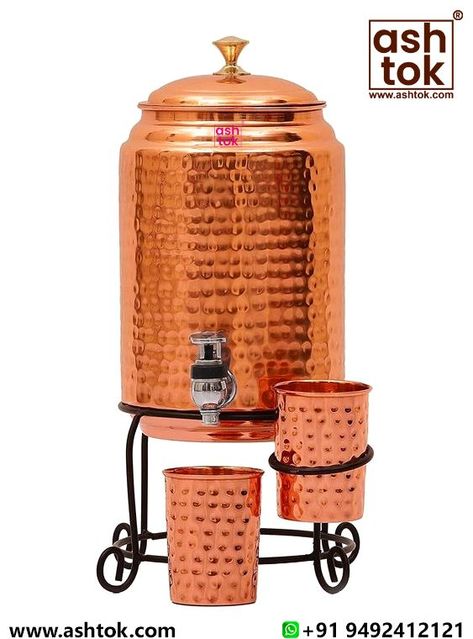 Drinkware | Copper Water Dispenser Tank Pot | with 2 Glasses | Hammered Design | Ashtok Clean Copper, Copper Utensils, Iron Stand, Water Containers, Copper Glass, Copper Pots, Water Storage, Hammered Copper, Water Dispenser