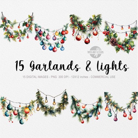 Christmas Garland Clipart, Garland Lights, Christmas Garlands, Watercolor Greenery, Greenery Garland, Navidad Diy, Christmas Swags, Mugs Stickers, Light Garland