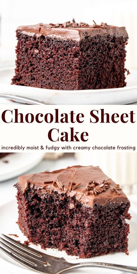 This easy chocolate sheet cake is moist, fudgy, and way better than any box mix. Top it with chocolate buttercream, your favorite frosting or a scoop of ice cream. It's made with simple, everyday ingredients and baked in a 9x13 inch pan. Perfect for birthdays, potlucks or whenever you need a simple chocolate cake! #chocolatecake #chocolatesheetcake #chocolate #sheetcake #easychocolatecake from Just So Tasty Chocolate Cake Using Coffee, Chocolate Sheet Pan Cake, Chocolate Cake Made With Coffee, Chocolate Cake Recipe Without Coffee, Chocolate Sheet Cake Decoration, Easy Chocolate Sheet Cake, 9x13 Desserts, Chocolate Sheet Cake Recipe, Simple Chocolate Cake